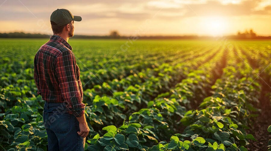Foto Agricultor Homem Observando Plantação Soja Pôr do Sol