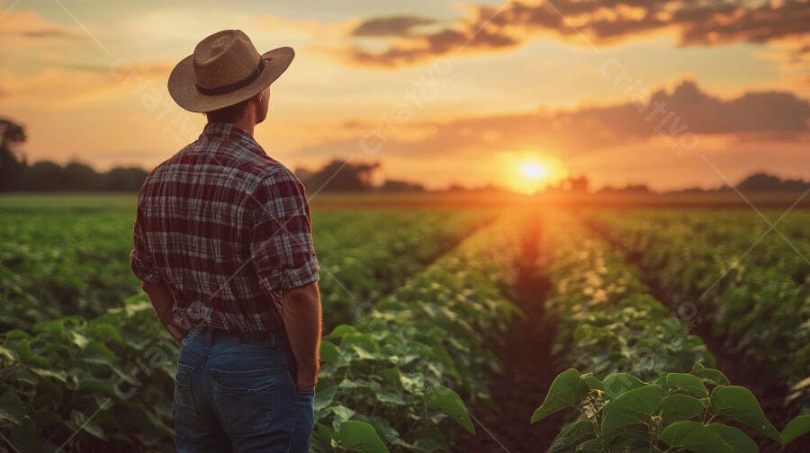 Foto Fazendeiro Chapéu Observando Plantação Pôr do Sol