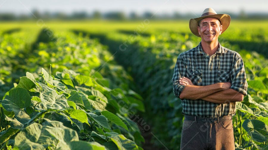 Foto Fazendeiro Sorrindo Campo de Soja Agricultor Rural