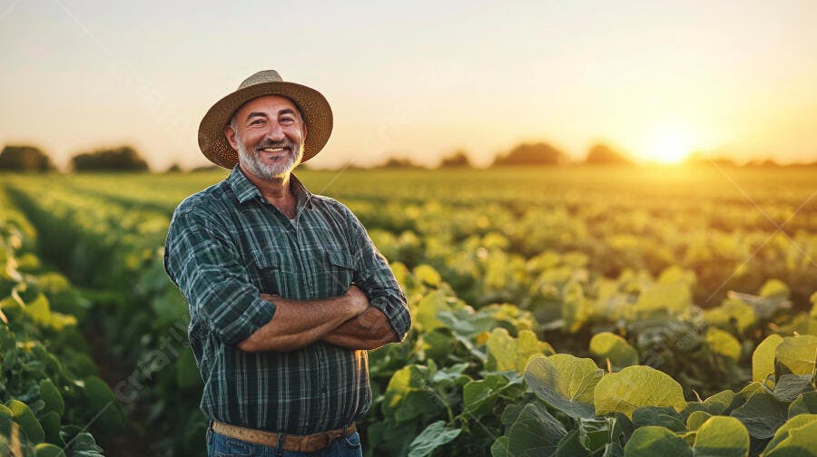 Foto Agricultor Sorrindo Campo Plantação Pôr do Sol