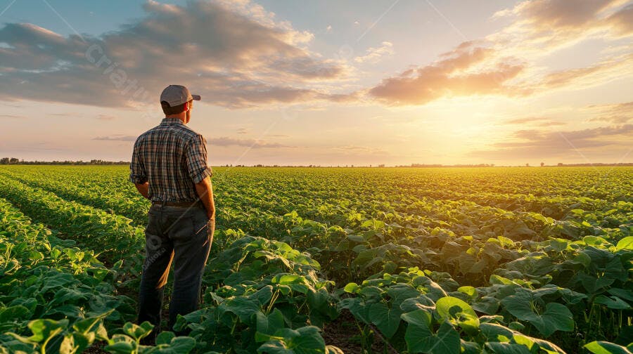 Foto Fazendeiro Homem Campo Observando Plantação Pôr do Sol