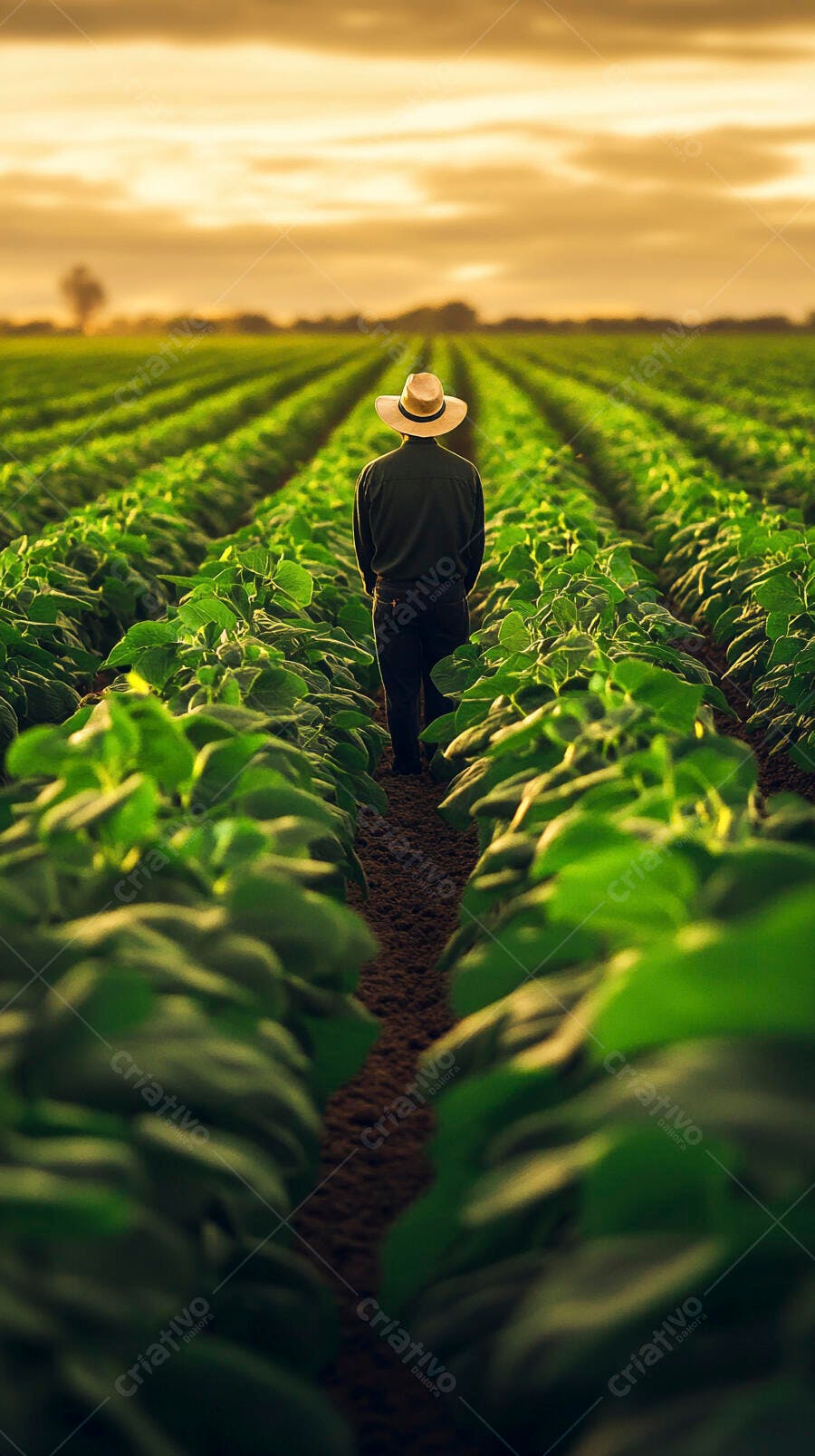 Foto Agricultor Caminhando Plantação Pôr do Sol Campo