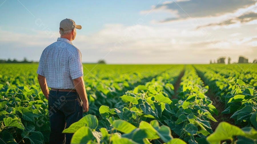 Foto Agricultor Homem no Campo de Soja ao Pôr do Sol
