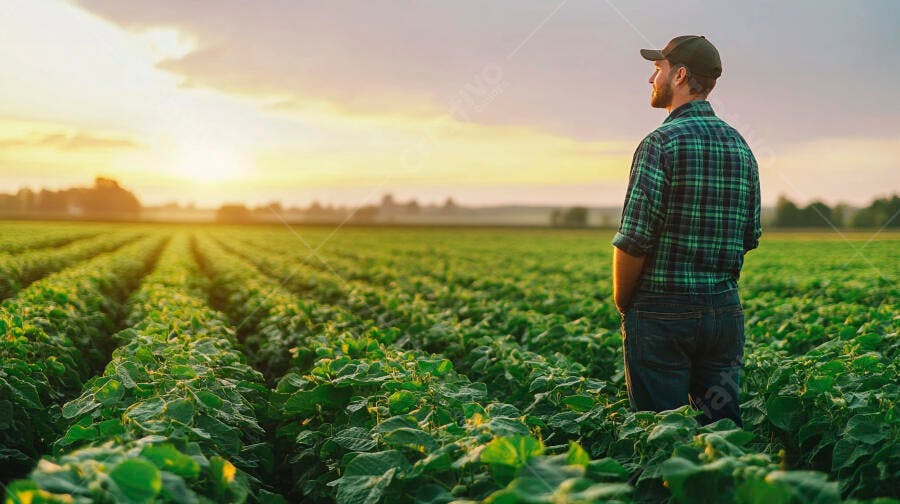 Foto Agricultor Homem no Campo ao Pôr do Sol Plantio Agronegócio