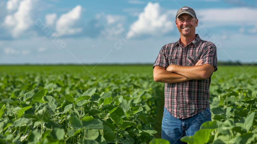 Foto Homem Agricultor Sorrindo Campo de Soja Aberto