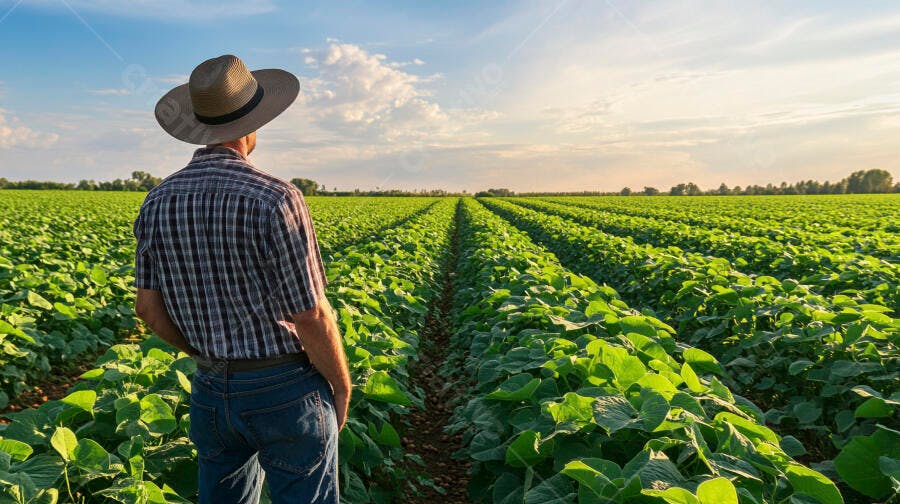 Foto Agricultor Observando Plantação de Soja Campo Aberto