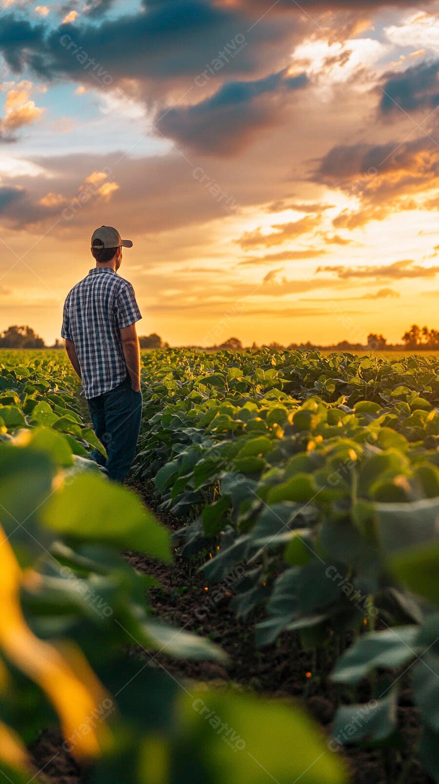 Foto Homem Agricultor Campo Plantação Pôr do Sol Dourado