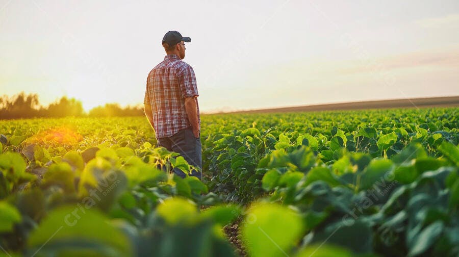 Foto Agricultor Homem Campo Plantio Soja Pôr do Sol