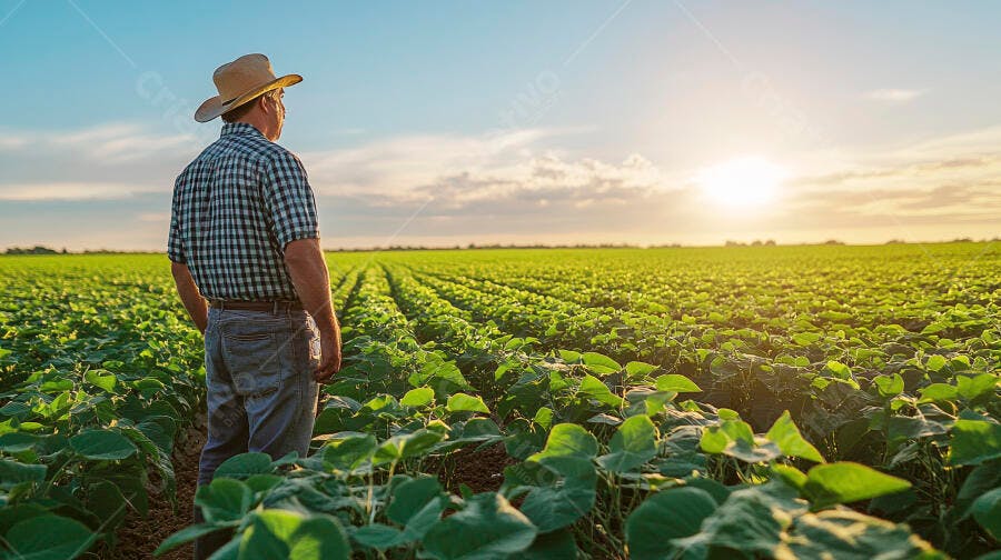Foto Fazendeiro Homem Chapéu Observando Plantação Soja Pôr do Sol