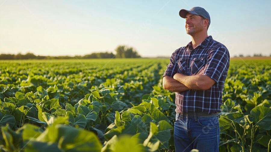 Foto Agricultor Jovem Sorrindo Campo de Plantação Dia Ensolarado