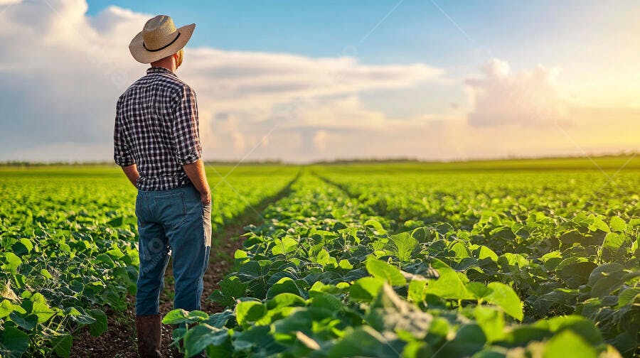 Foto Fazendeiro Homem Chapéu Observando Plantação Agrícola Pôr do Sol