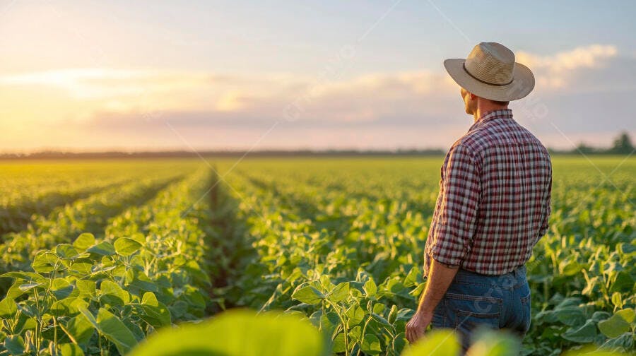 Foto Agricultor Homem Chapéu Observando Plantação Soja Pôr do Sol