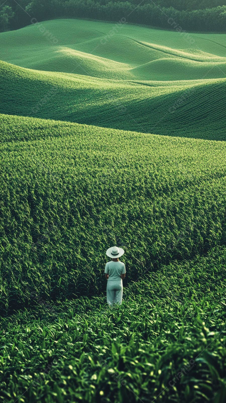 Foto Mulher Chapéu Observando Campo Verde Plantação
