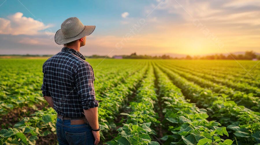 Foto Fazendeiro Chapéu Observando Plantação Pôr do Sol Campo