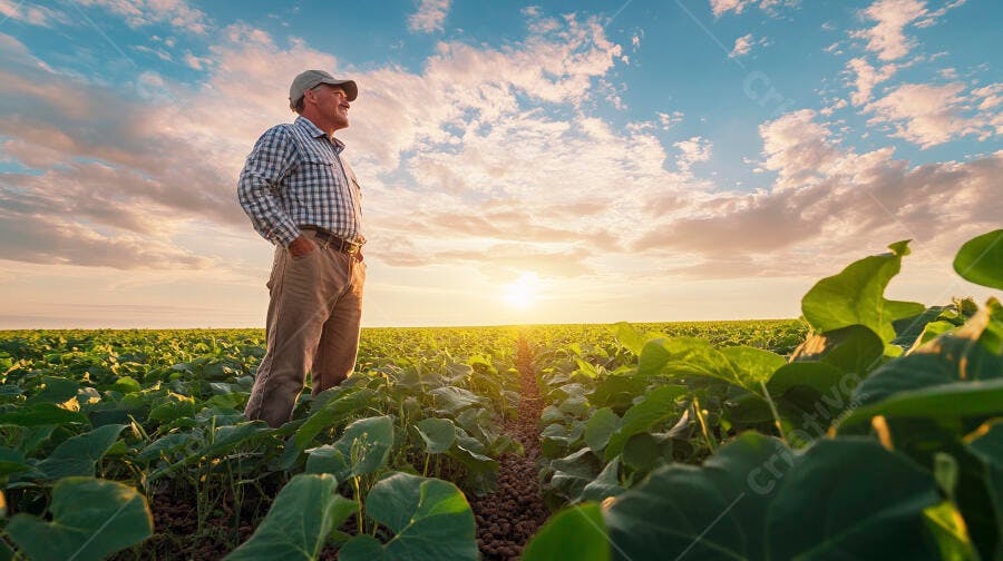 Foto Agricultor Homem Campo Plantio Soja Pôr do Sol