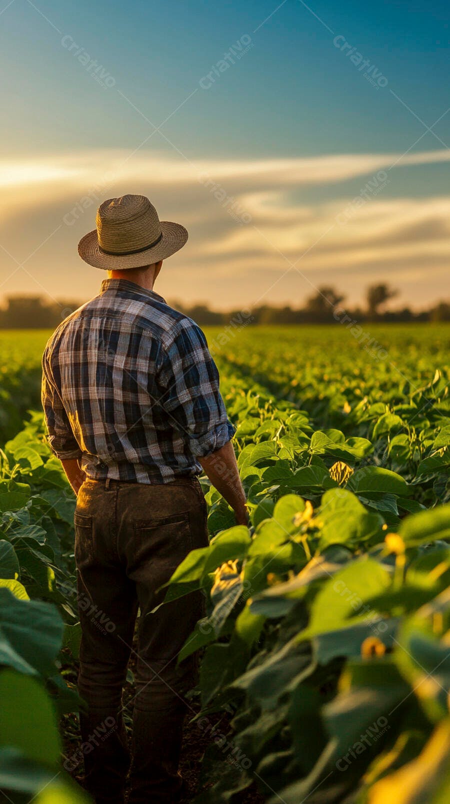 Foto Agricultor Campo de Soja Pôr do Sol Chapéu