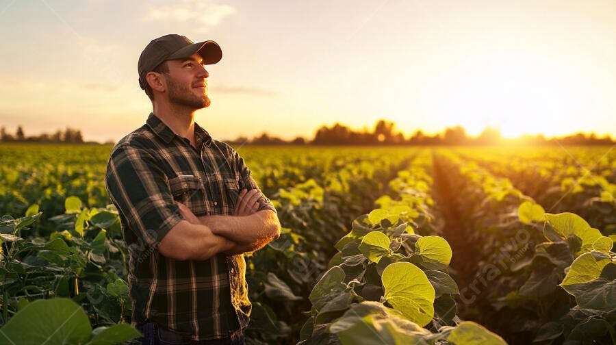 Foto Agricultor Jovem Campo Plantas Verdes Pôr do Sol