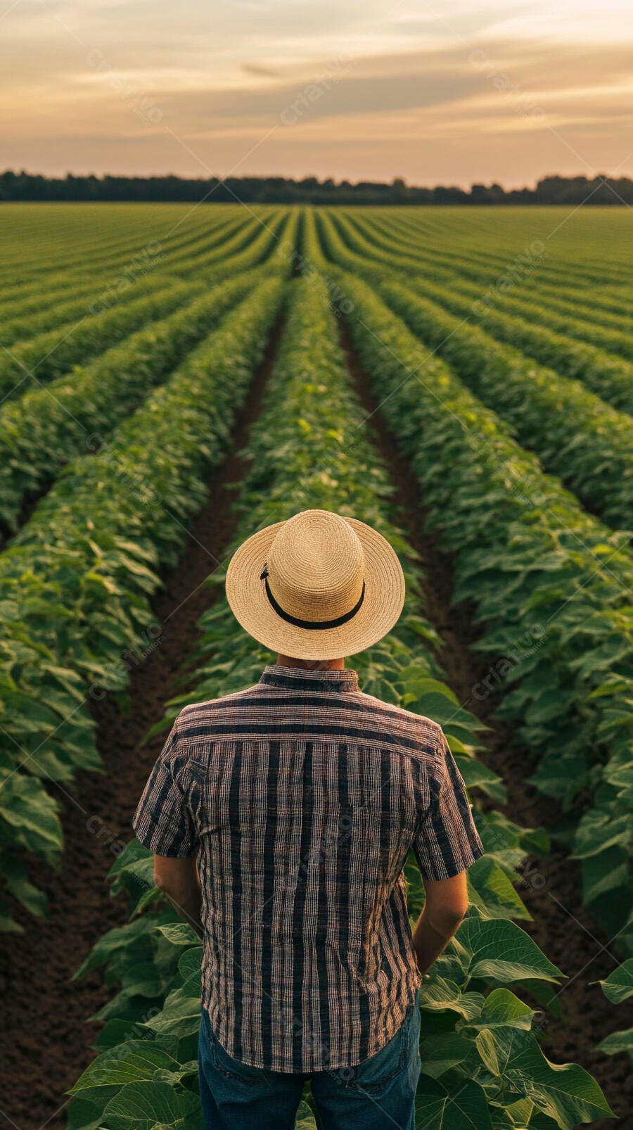Foto Agricultor Chapéu Palha Observando Plantação Soja Pôr do Sol