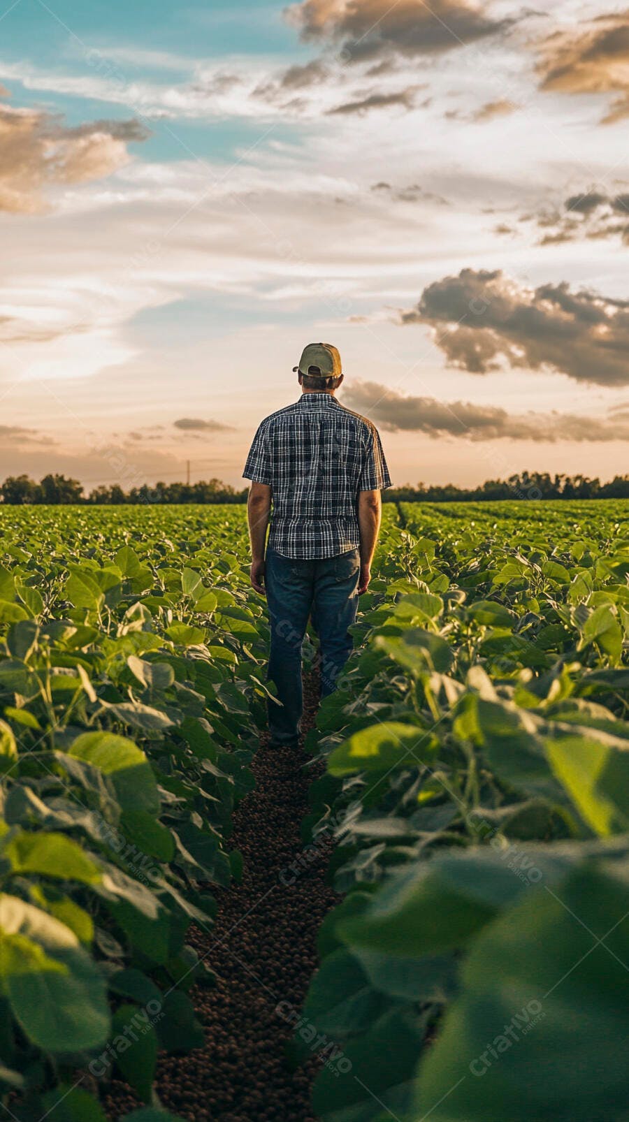 Foto Agricultor Caminhando Plantação Soja Pôr do Sol
