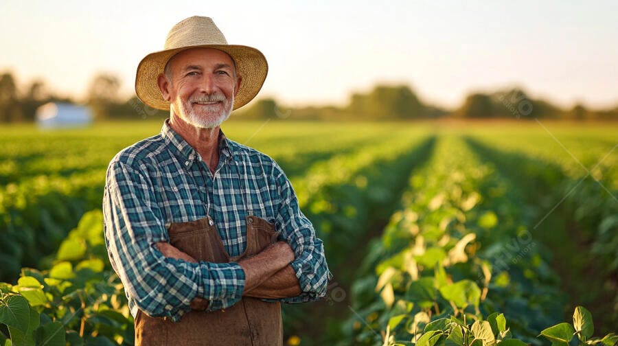 Foto Fazendeiro Idoso Sorrindo Campo de Soja Pôr do Sol