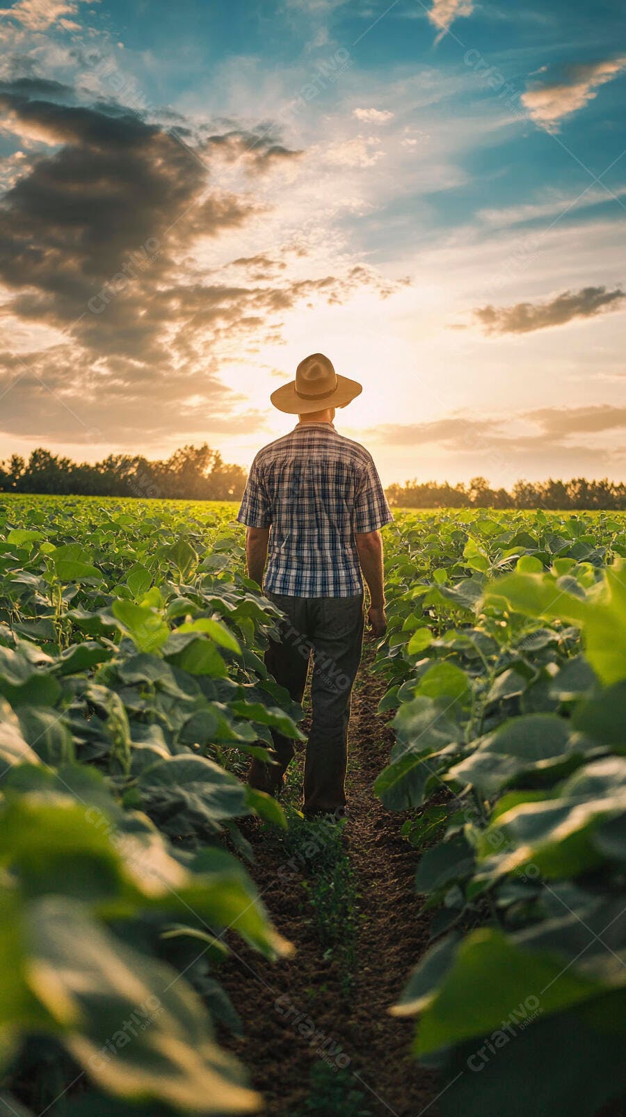 Foto Agricultor Caminhando Plantação Pôr do Sol Campo