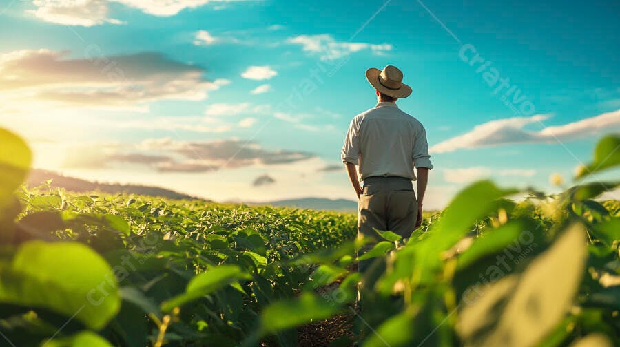 Foto Homem Fazendeiro Chapéu Palha Campo Plantação Soja