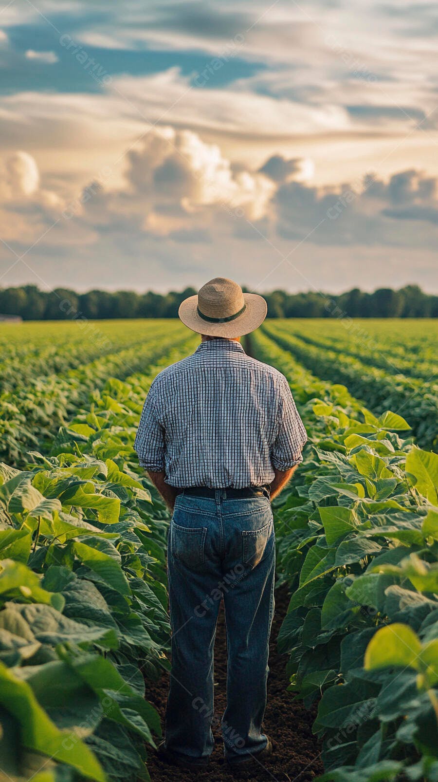 Foto Agricultor Observando Plantação Campo Aberto Entardecer