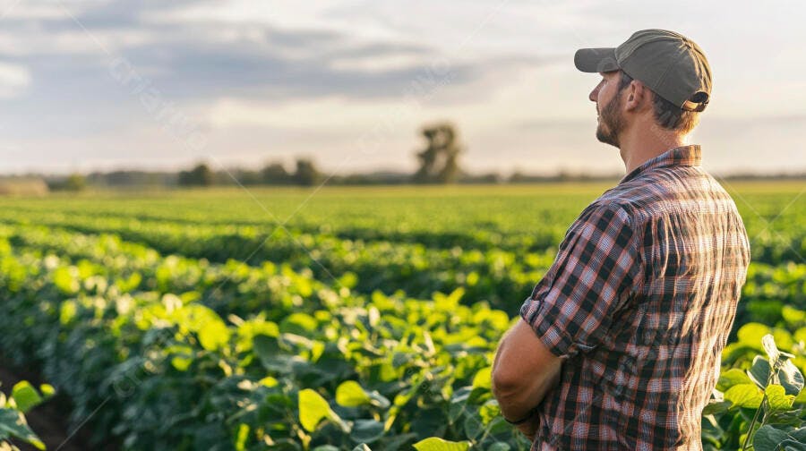 Foto Homem Agricultor Observando Plantação de Soja no Campo