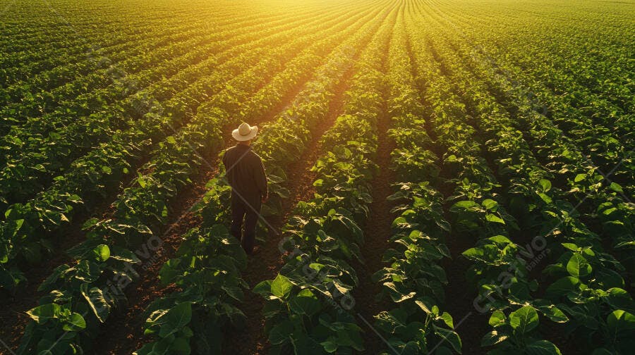 Foto Agricultor Campo de Soja Pôr do Sol Luz Dourada
