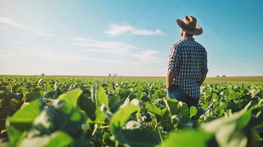 Foto Agricultor Homem Chapéu Campo de Soja Dia Ensolarado
