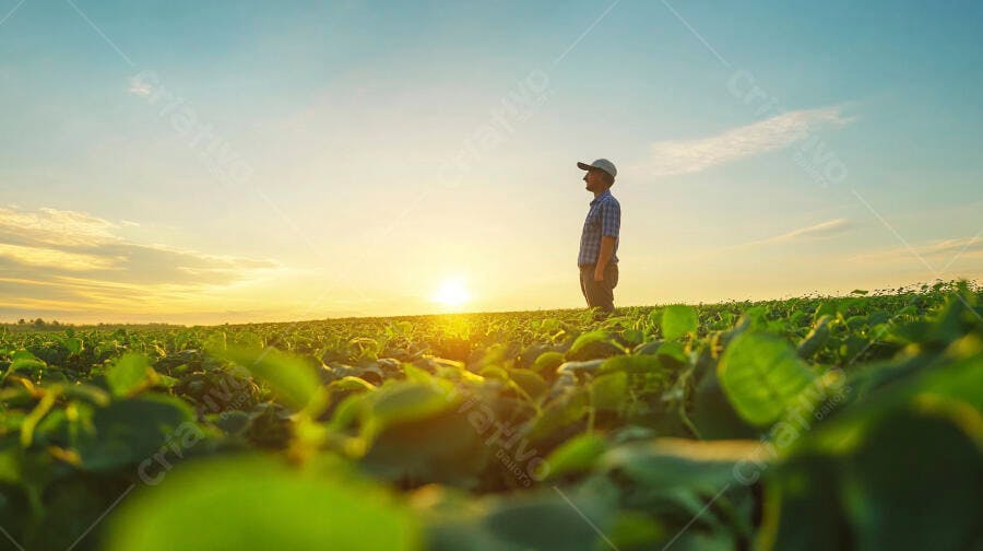 Foto Agricultor Observando Plantação Soja Pôr do Sol Campo