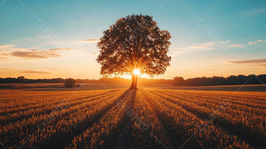 Foto Árvore Sol Poente Campo Dourado Natureza Paisagem
