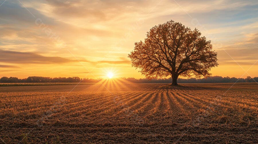 Foto Árvore Solitária Campo Pôr do Sol Dourado Paisagem