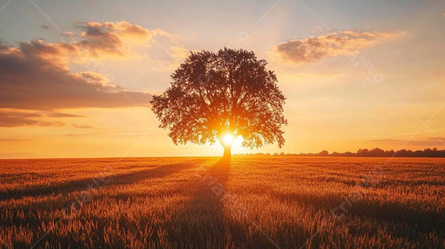 Foto Árvore Solitária Campo de Trigo Pôr do Sol Dourado