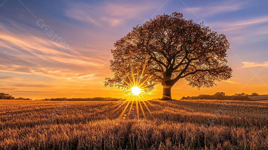 Foto Árvore Sol Nascente Campo Dourado Paisagem Natural