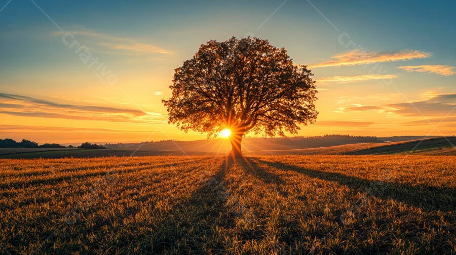Foto Árvore Sol Nascente Campo Aberto Golden Hour