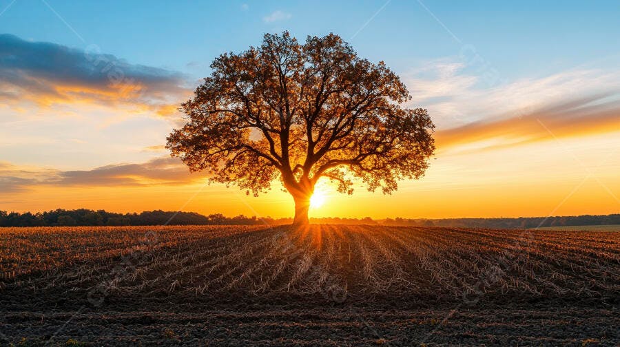 Foto Árvore Solitária Campo Vazio Pôr do Sol Dourado