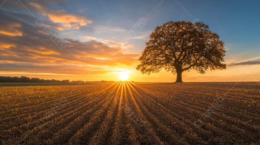 Foto Árvore Solitária Campo Amanhecer Céu Dourado