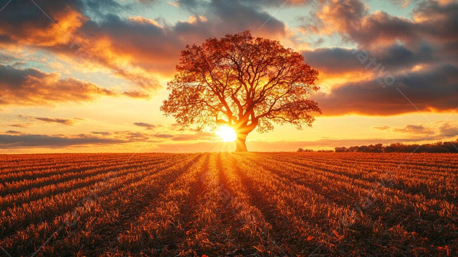 Foto Árvore Solitária Campo Pôr do Sol Dourado Natureza