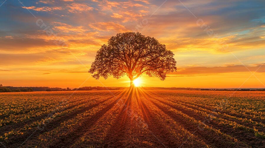 Foto Árvore Solitária Campo Amanhecer Raios de Sol Dourados