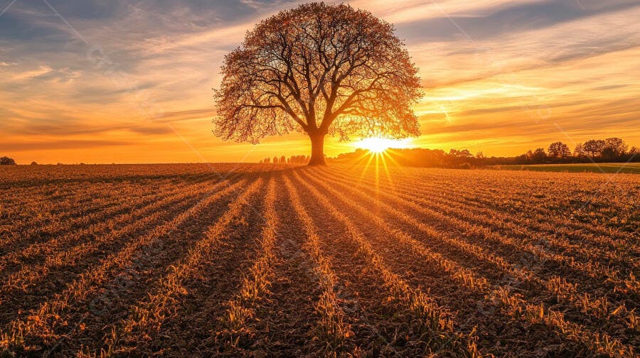 Foto Árvore Solitária Campo Plantado Pôr do Sol Dourado