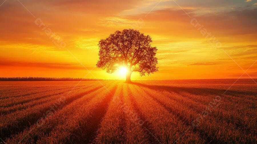 Foto Árvore Solitária Campo Pôr do Sol Dourado Paisagem