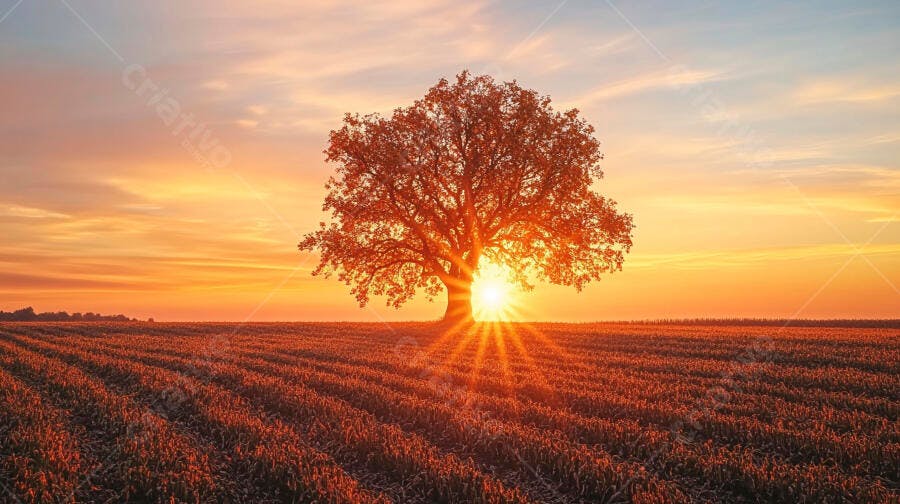 Foto Árvore Solitária Campo Pôr do Sol Dourado