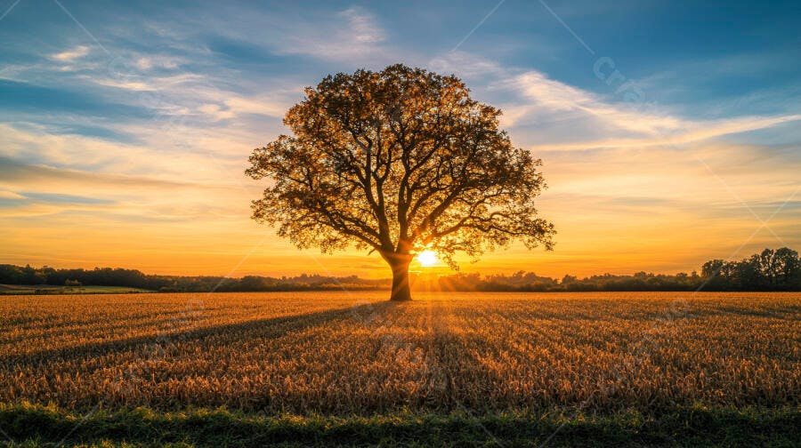 Foto Árvore Solitária Campo Pôr do Sol Dourado