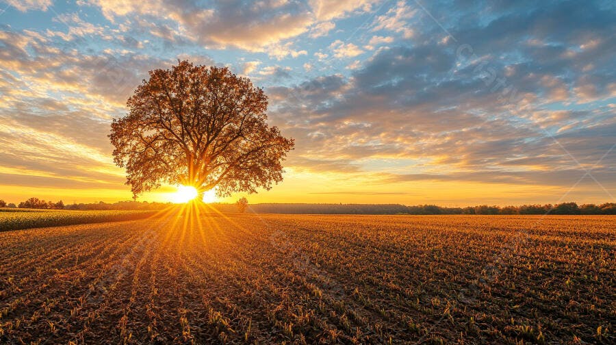 Foto Árvore Solitária Campo Amanhecer Raios de Sol Dourados