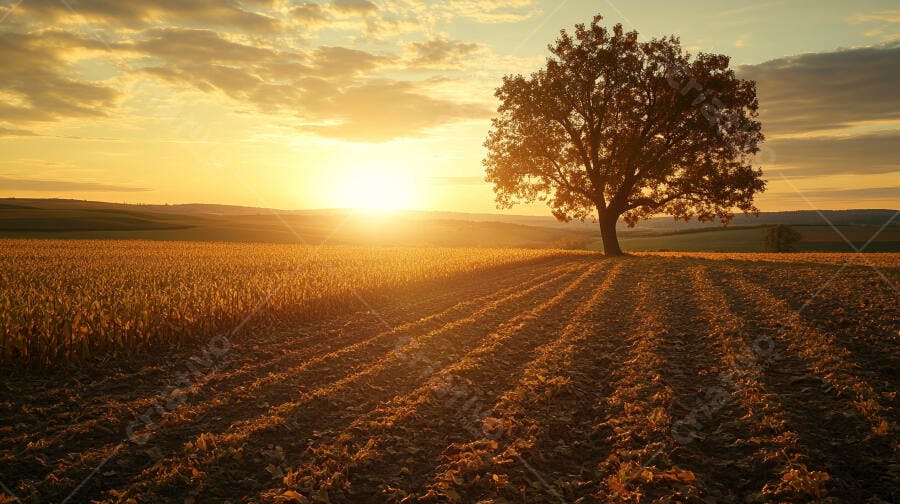 Foto Árvore Solitária Campo de Trigo Pôr do Sol Dourado
