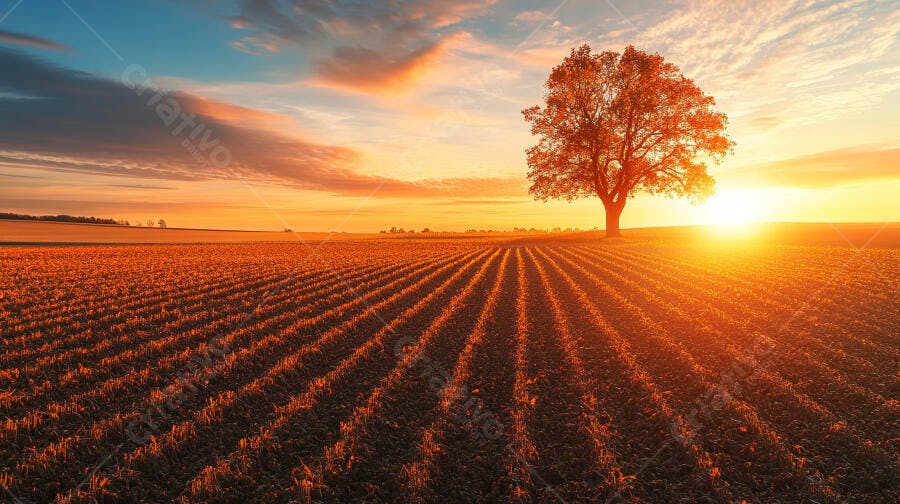 Árvore solitária em campo cultivado sob o pôr do sol laranja e dourado
