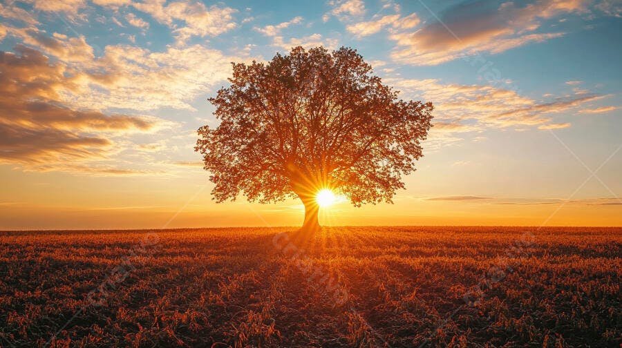 Foto Árvore Sol Nascente Campo Aberto Golden Hour