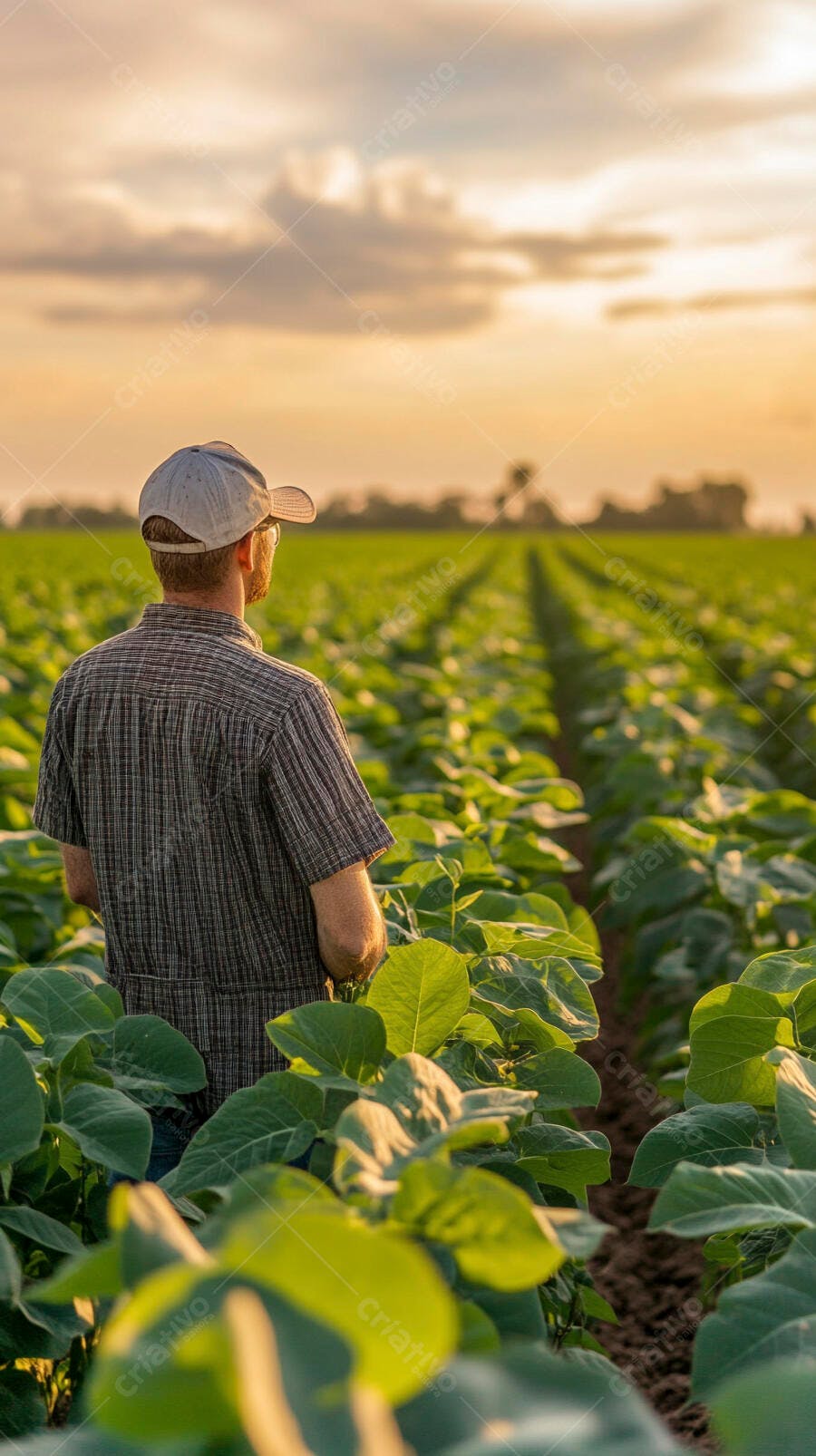 Agricultor em campo de soja verde ao pôr do sol dourado
