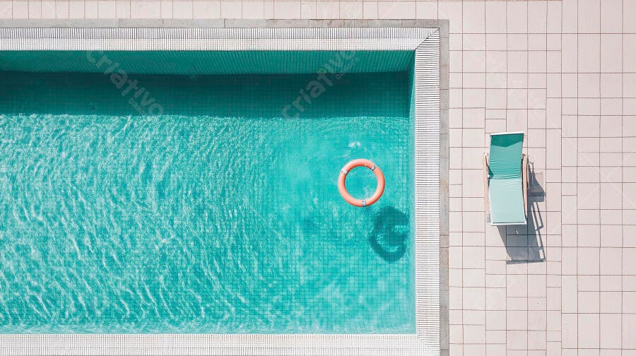 Foto Aérea Piscina Vazia Boia Laranja Cadeira de Sol Verão